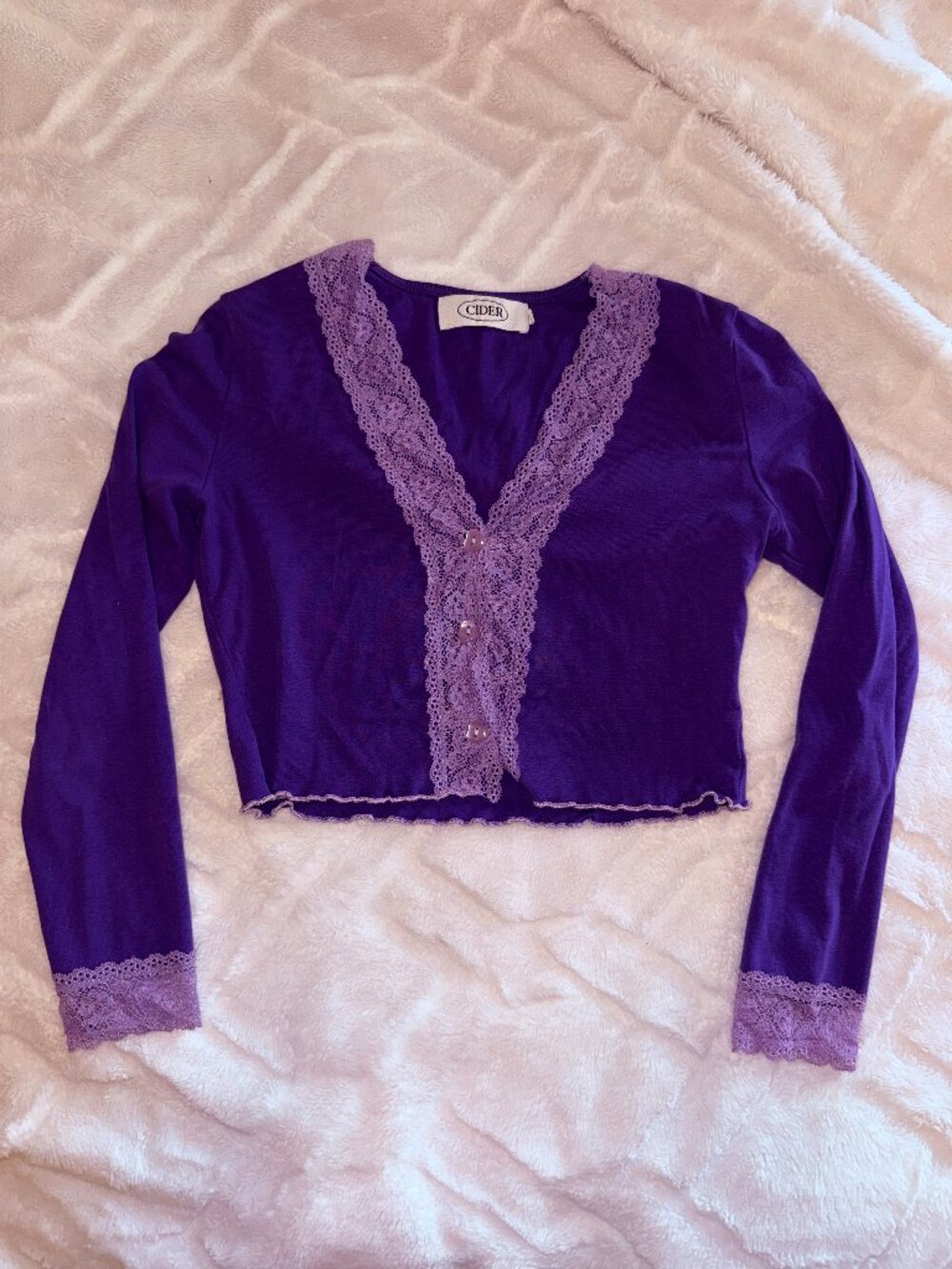 Cider Purple Lace Trim Long Sleeve Crop Top Y2K Fairycore Button Front Medium